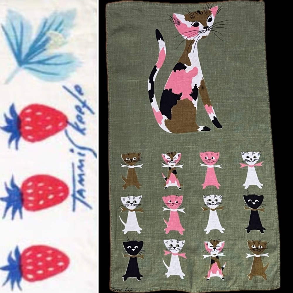 🐈‍⬛Vintage Tammis Keefe Feline Genetics Linen Tea Towel | Olive | Domestic Fauna